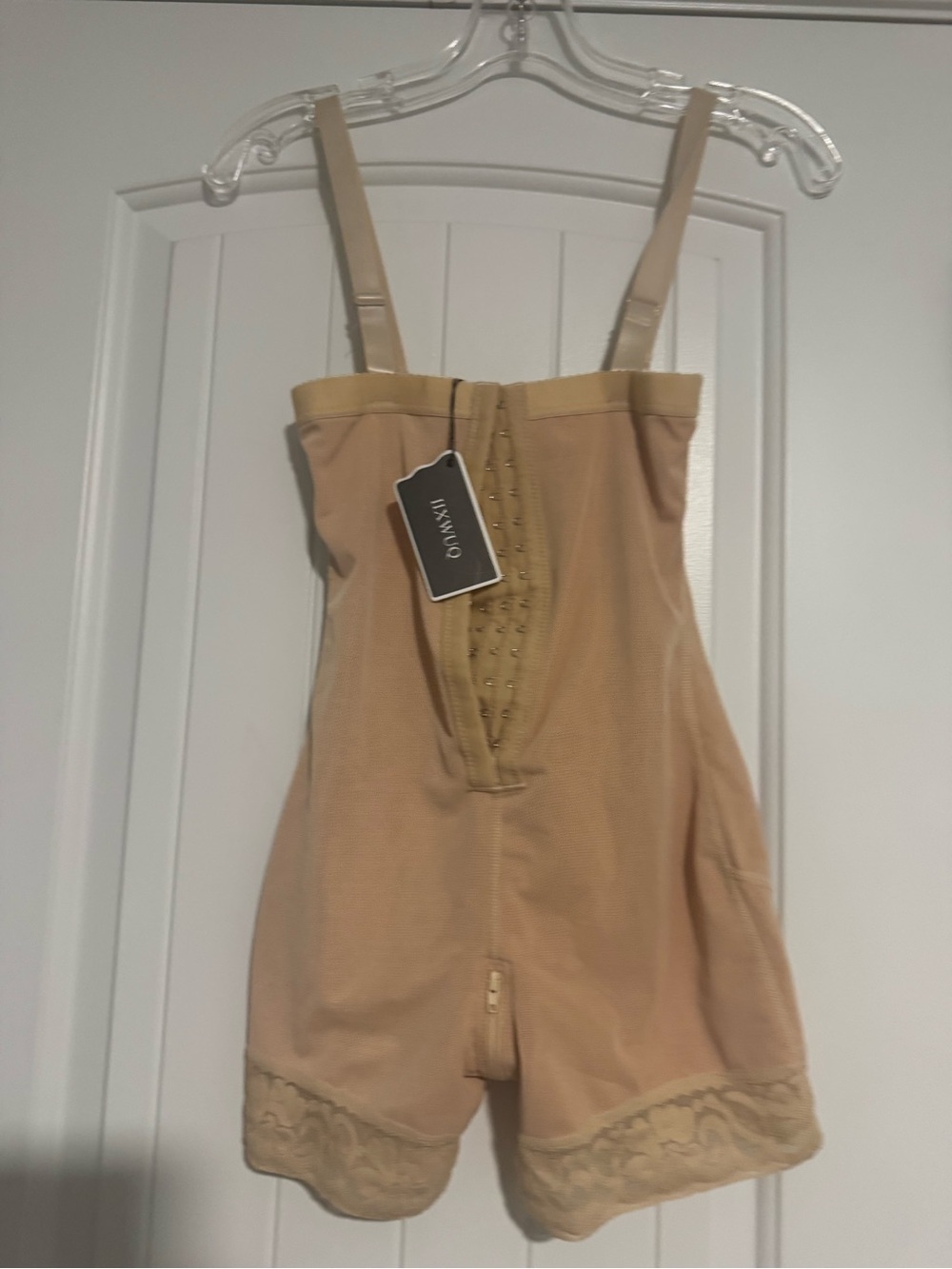 High-Waist Beige Shapewear Bodysuit with Lace Trim